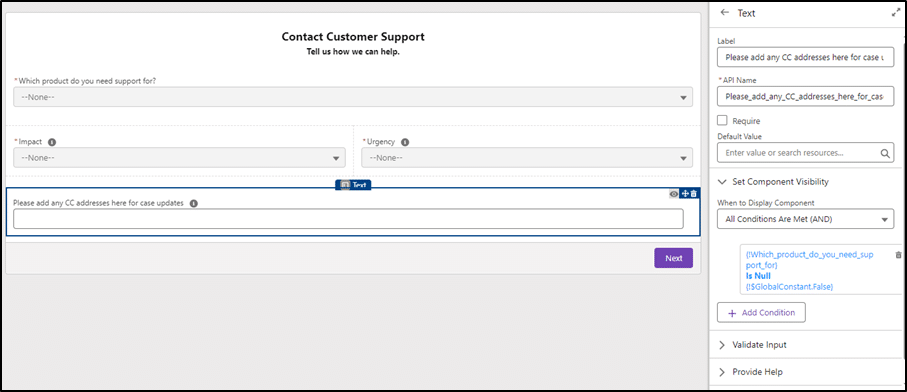 Screen element with three picklists and a text field that has conditional visibility set.