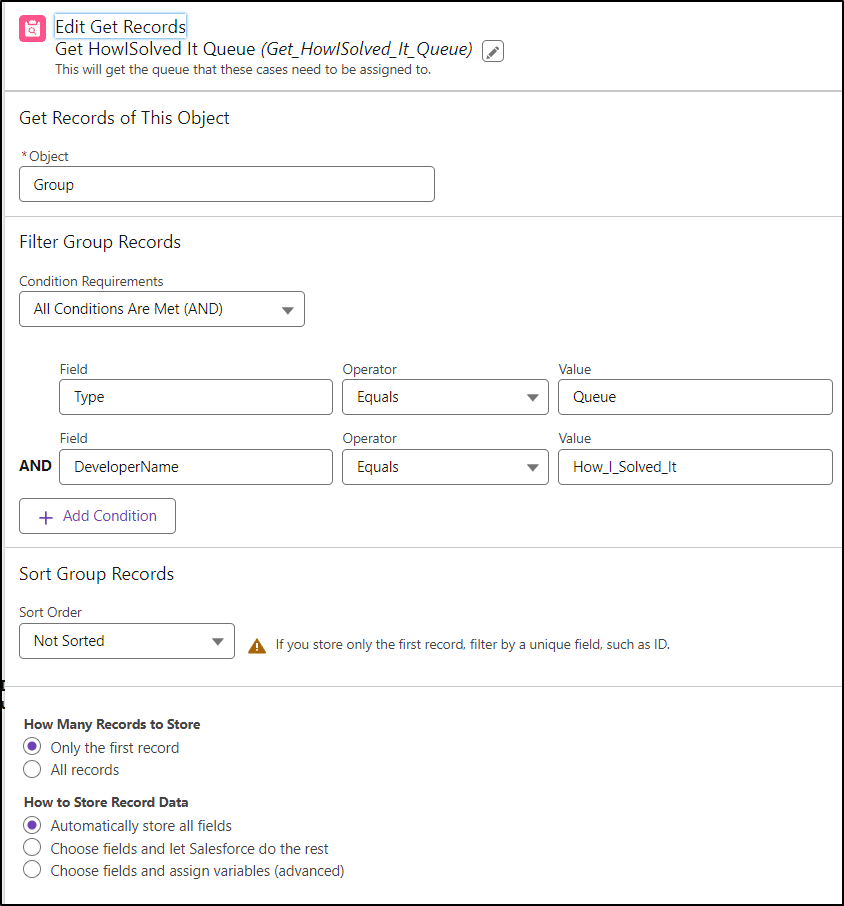 Configured Get Records element to get the ID of the Group.