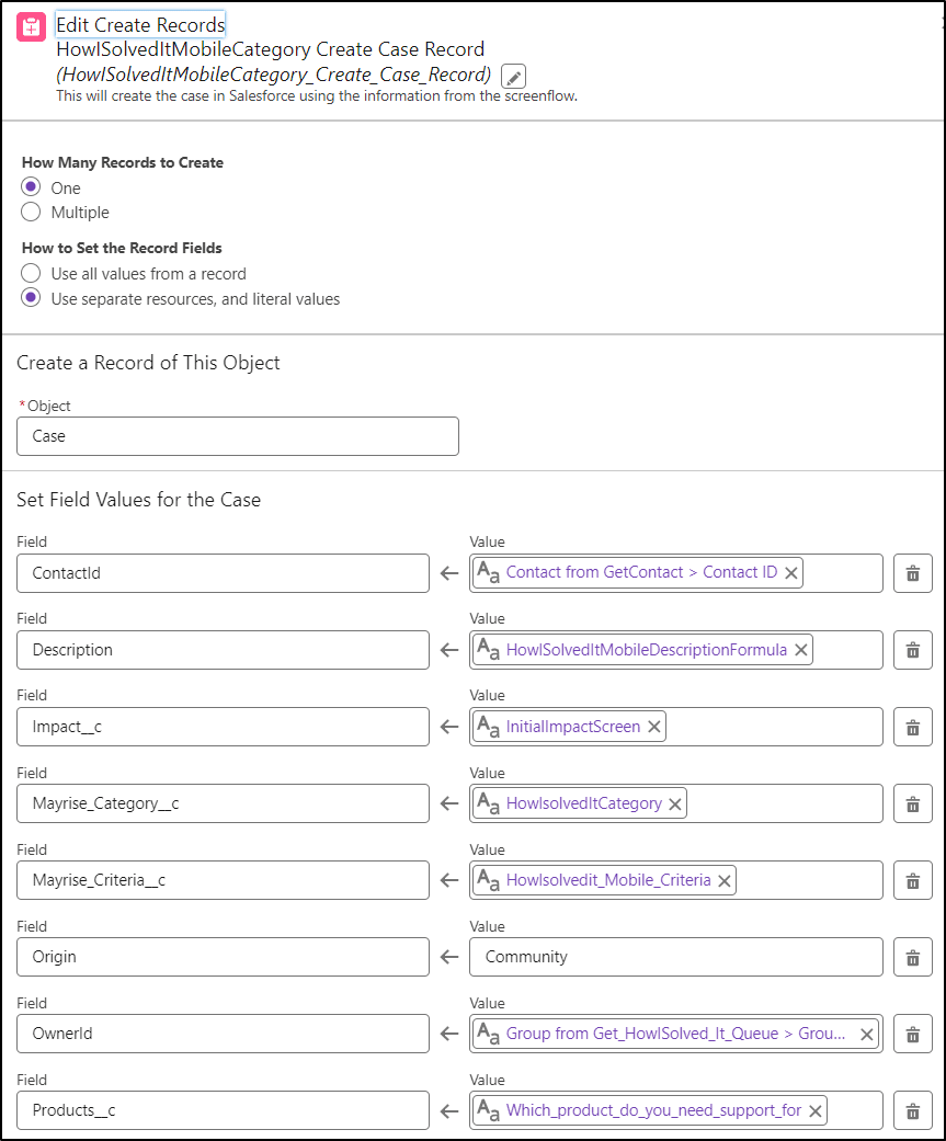 Create Records element to create the case.