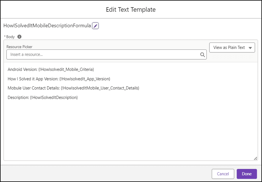 Flow Text Template resource with record variables as merge fields.