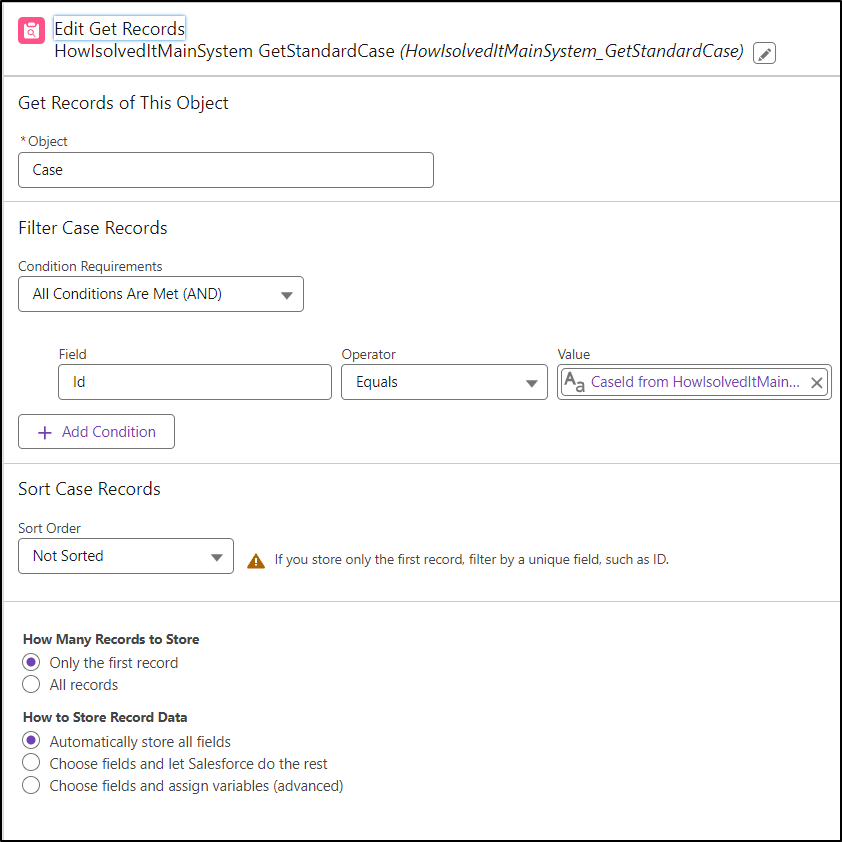 Get Records element to get the information about the case that was just created in the previous step.