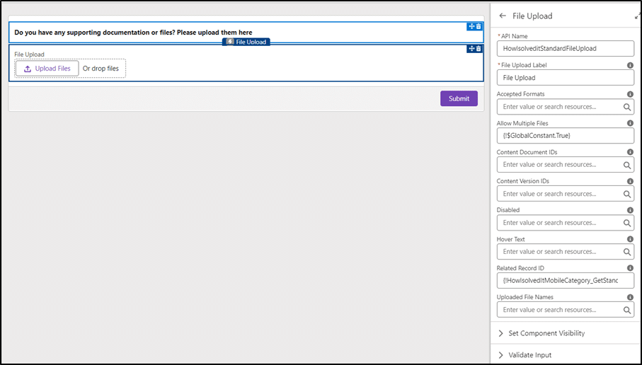 Screen element where the customer can attach files and attachments associated to the newly created case.