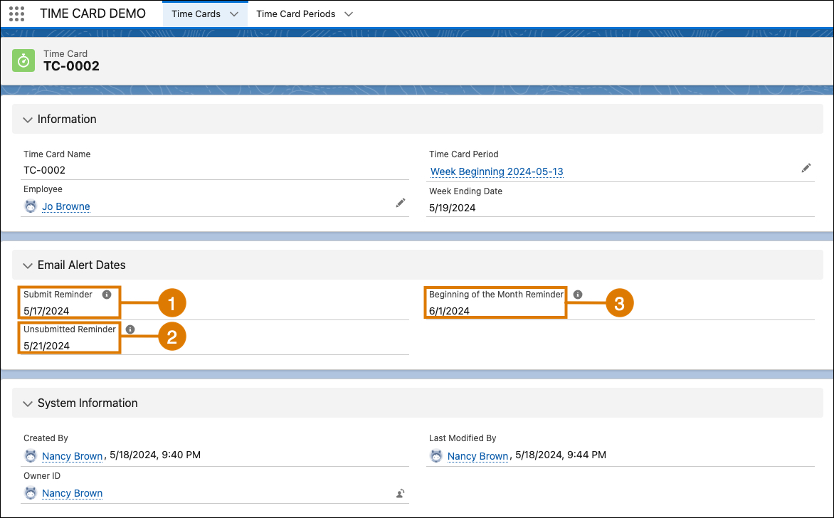 Time Card record displaying the three different Email Alert Date fields.