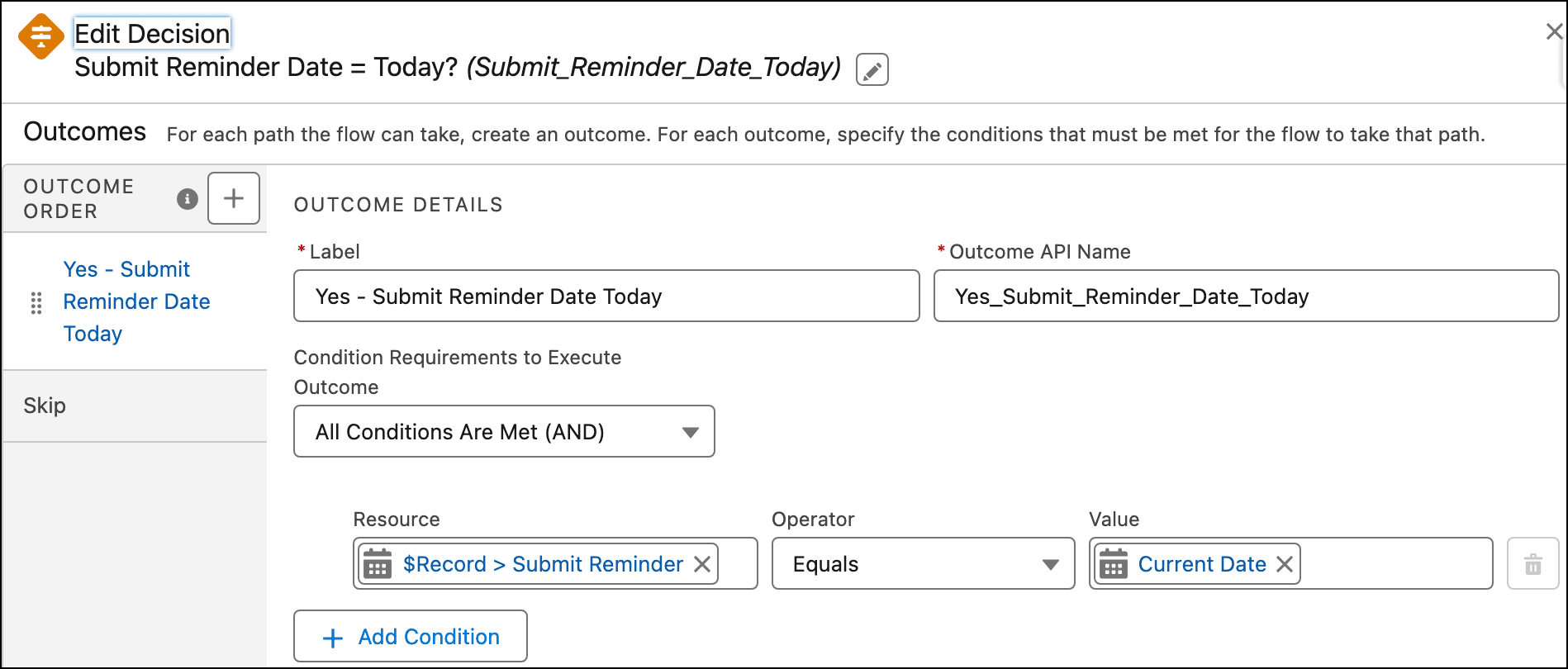 Decision element that checks whether the Submit Reminder date equals the current date.