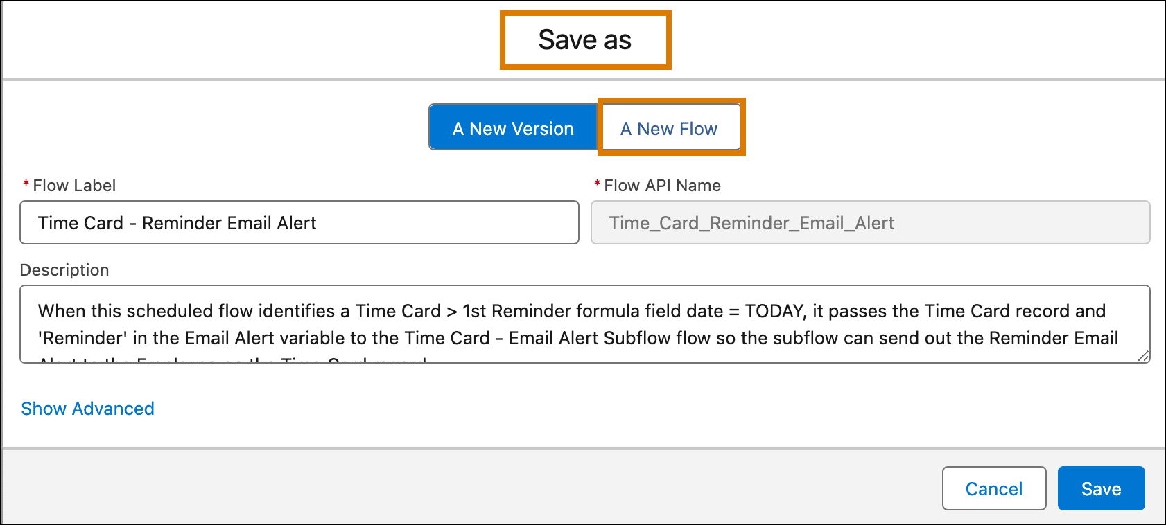 Save as - A New Flow window.