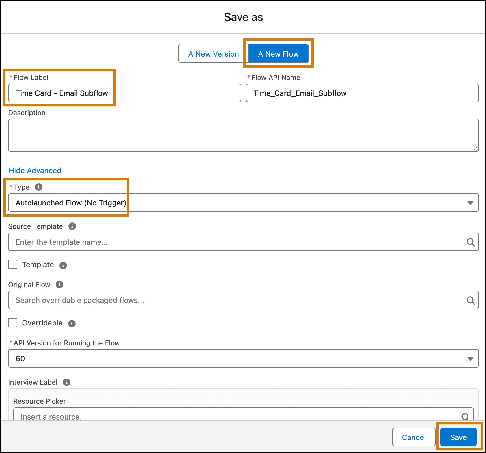 Displays the window for using 'Save as' from one flow to create a new flow.