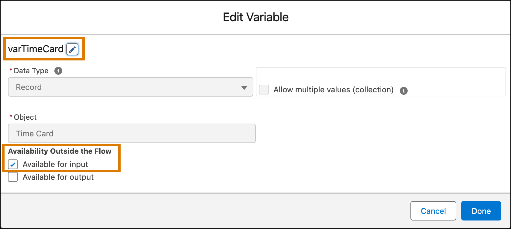 Configured varTimeCard variable.