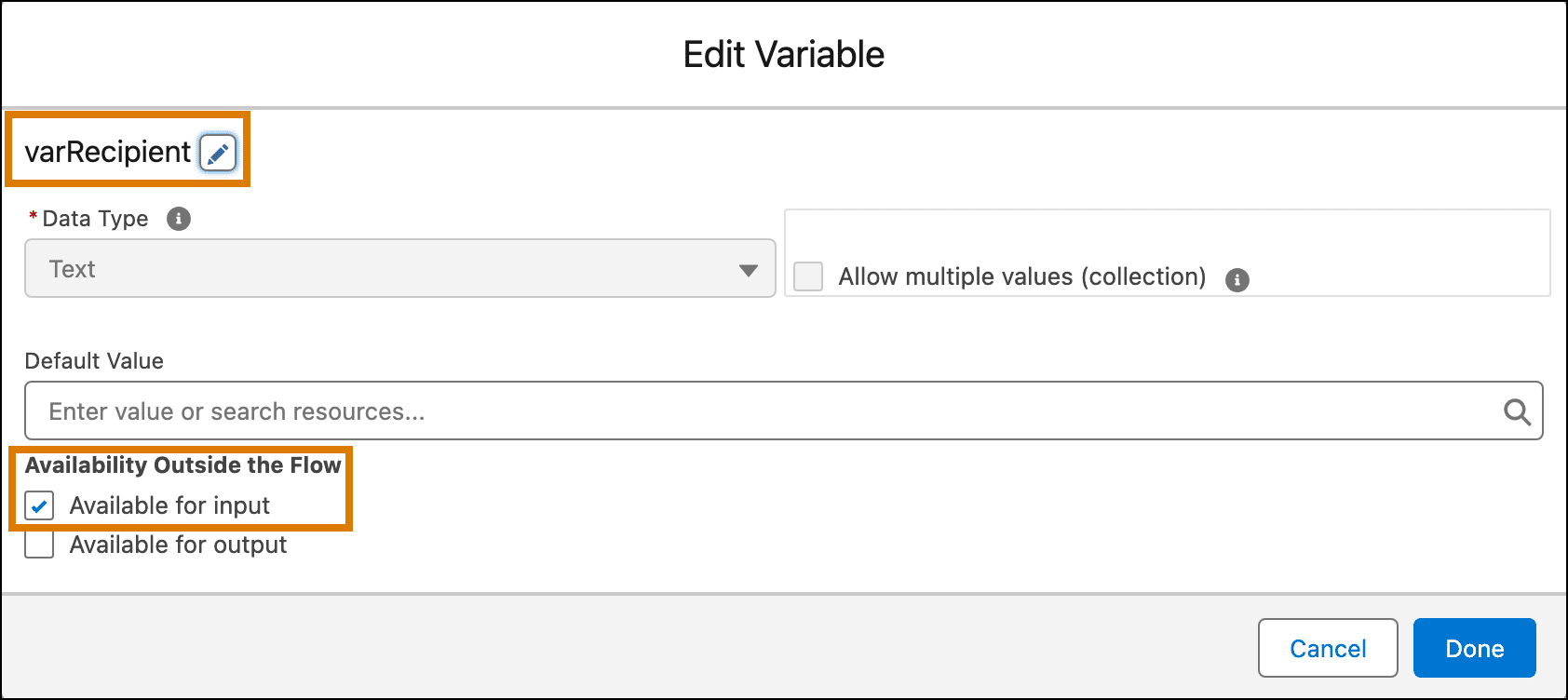 Configured varRecipient variable.