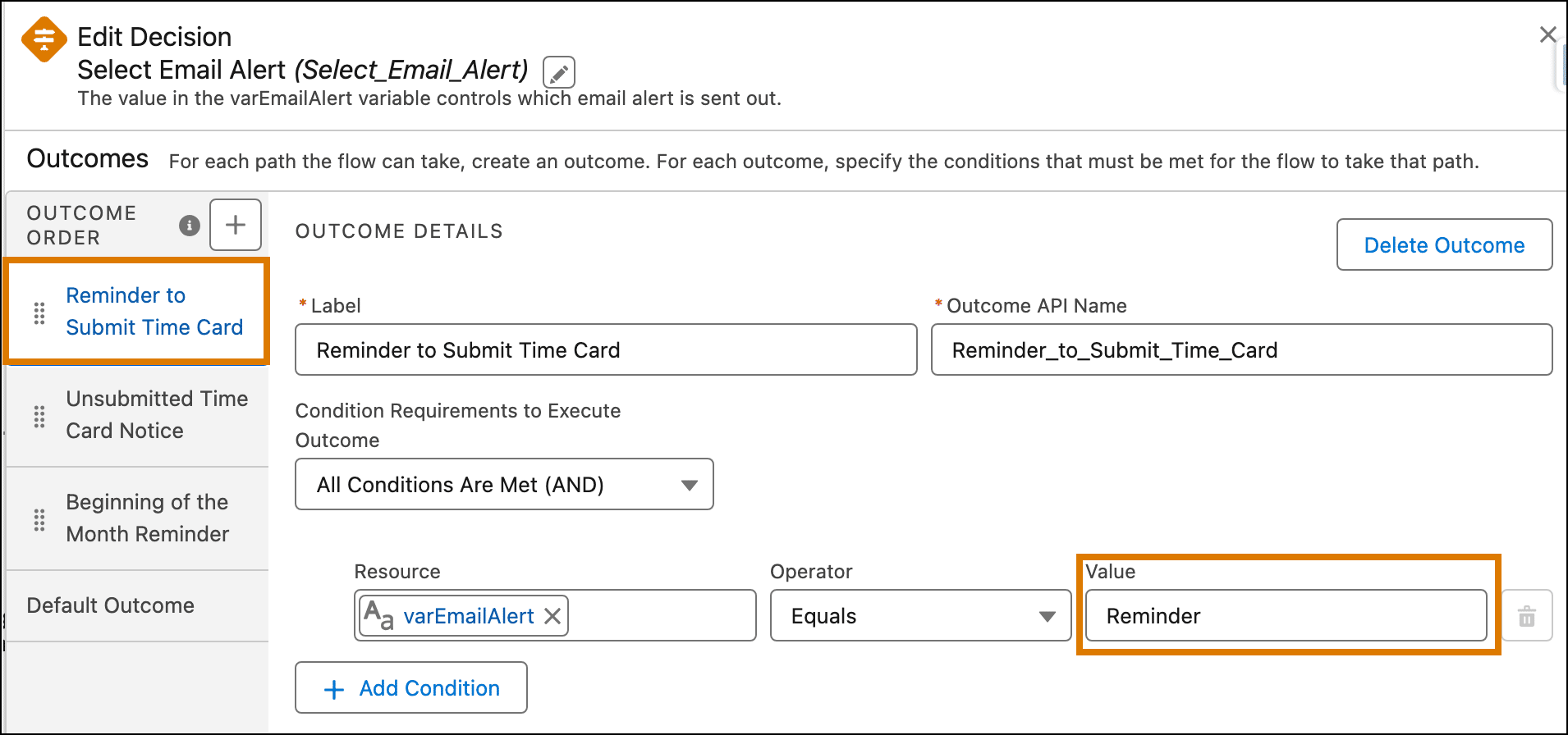 Reminder to Submit Time Card Decision element.