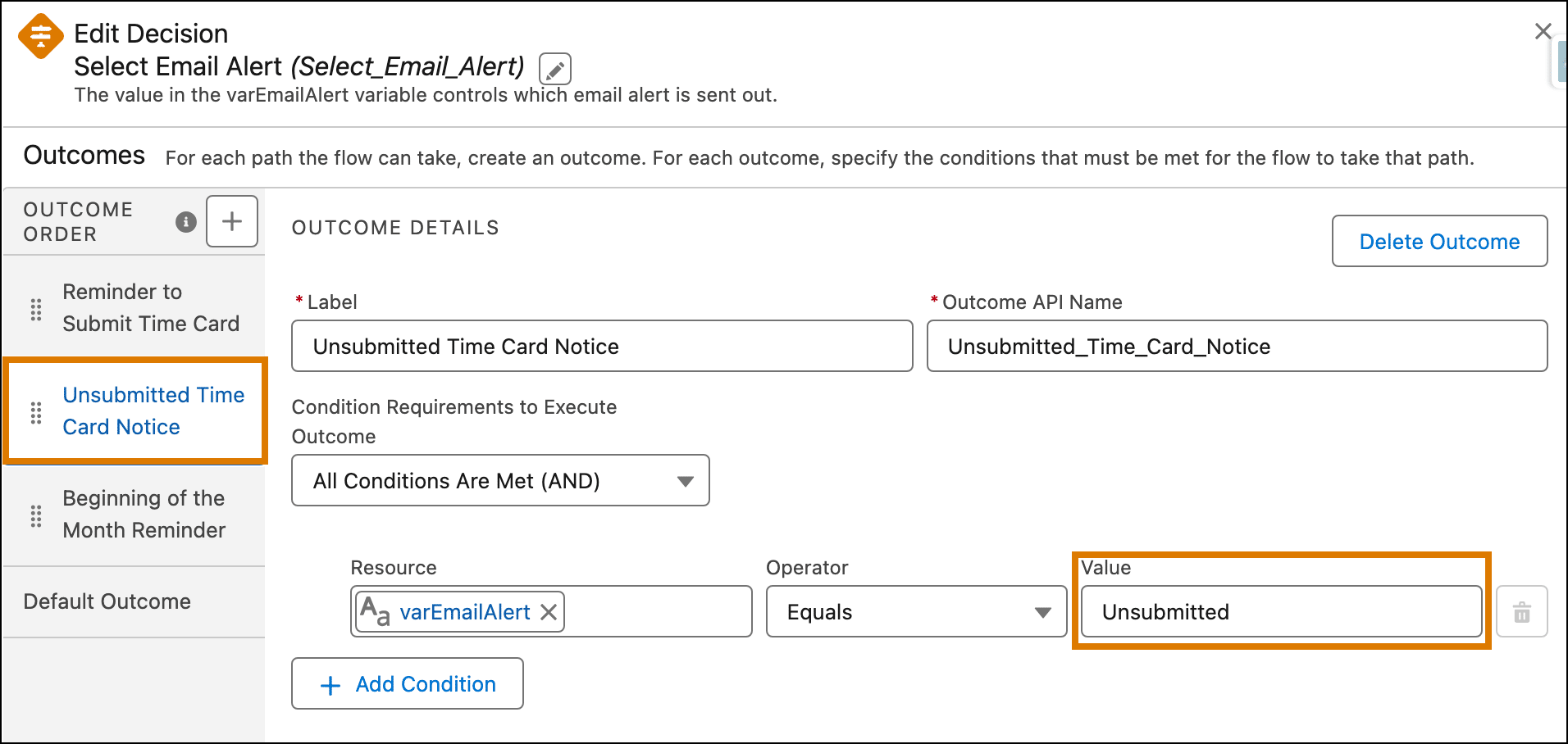 Unsubmitted Time Card Notice Decision element.