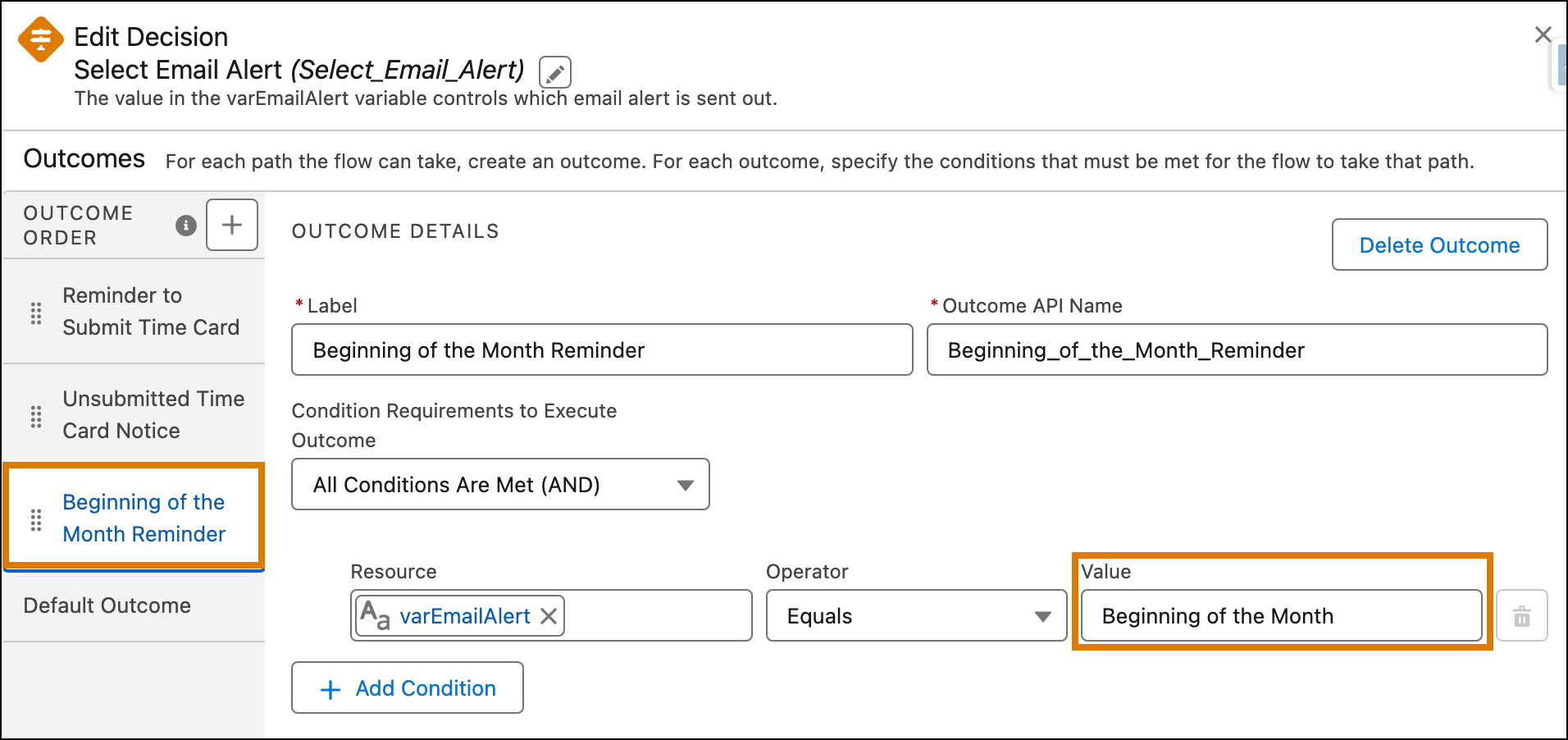 Beginning of the Month Reminder Decision element.