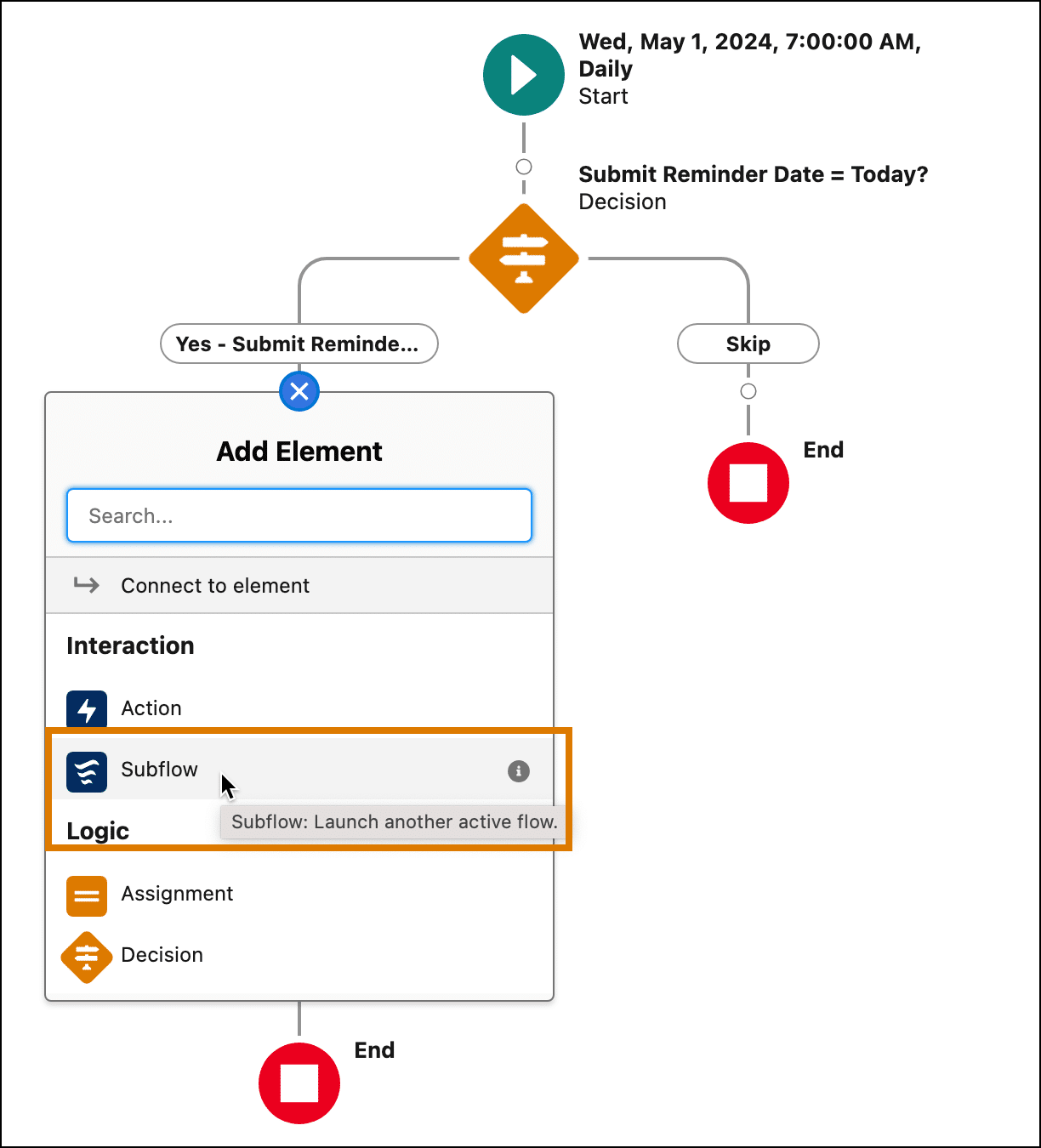 Add Element window for selecting the subflow element.