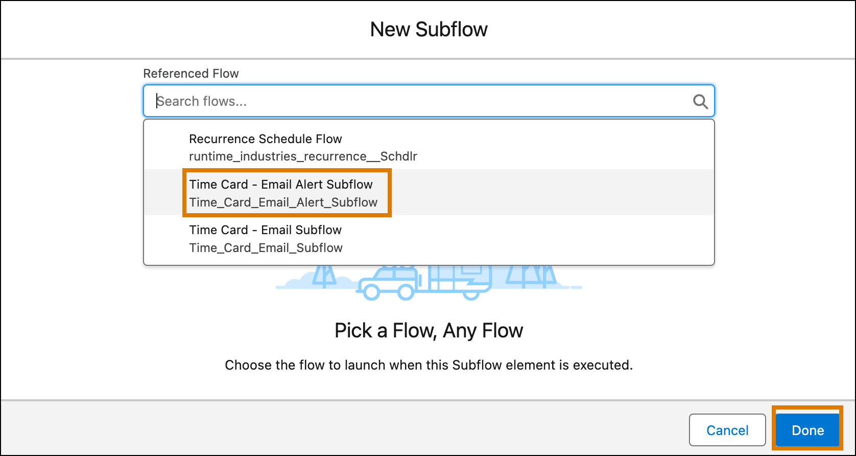 Window for selecting a subflow.