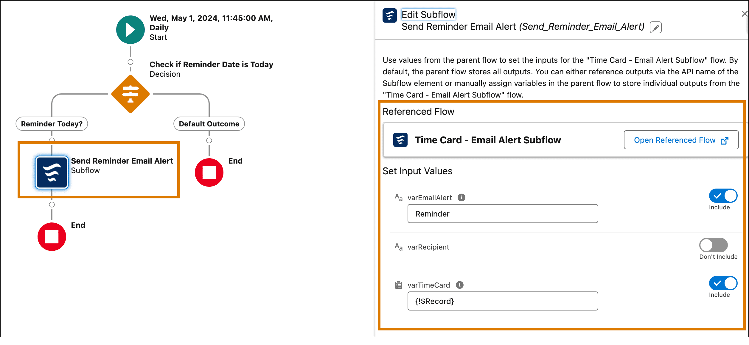 Displays the Subflow panel for configuring the input values.