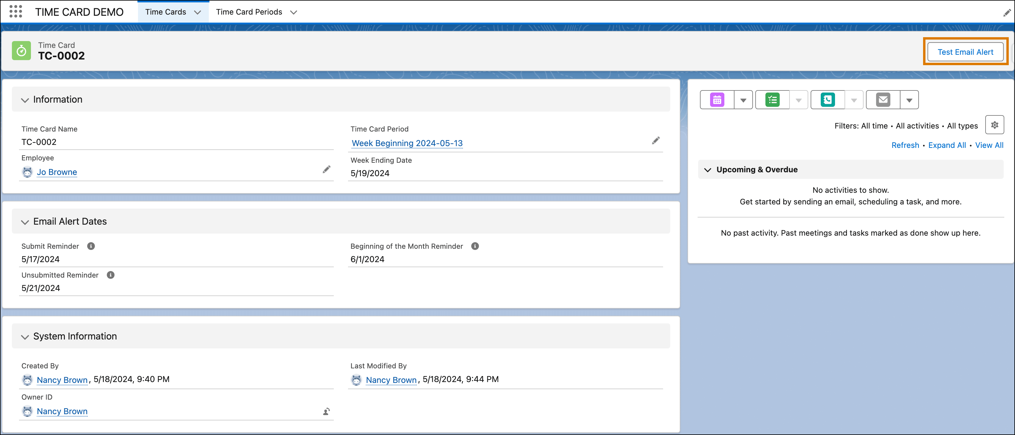 Time Card record screen with the Test Email Alert button.