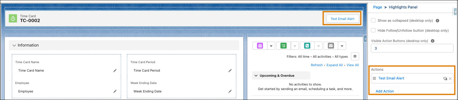 Time Card Lightning page with the Time Card Alert Action button added.