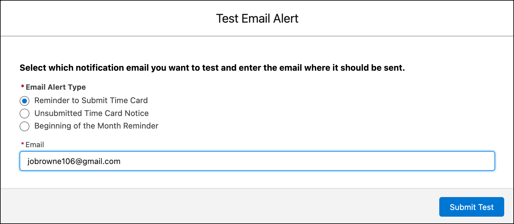 Screen flow for selecting an email alert type and submitting the test.