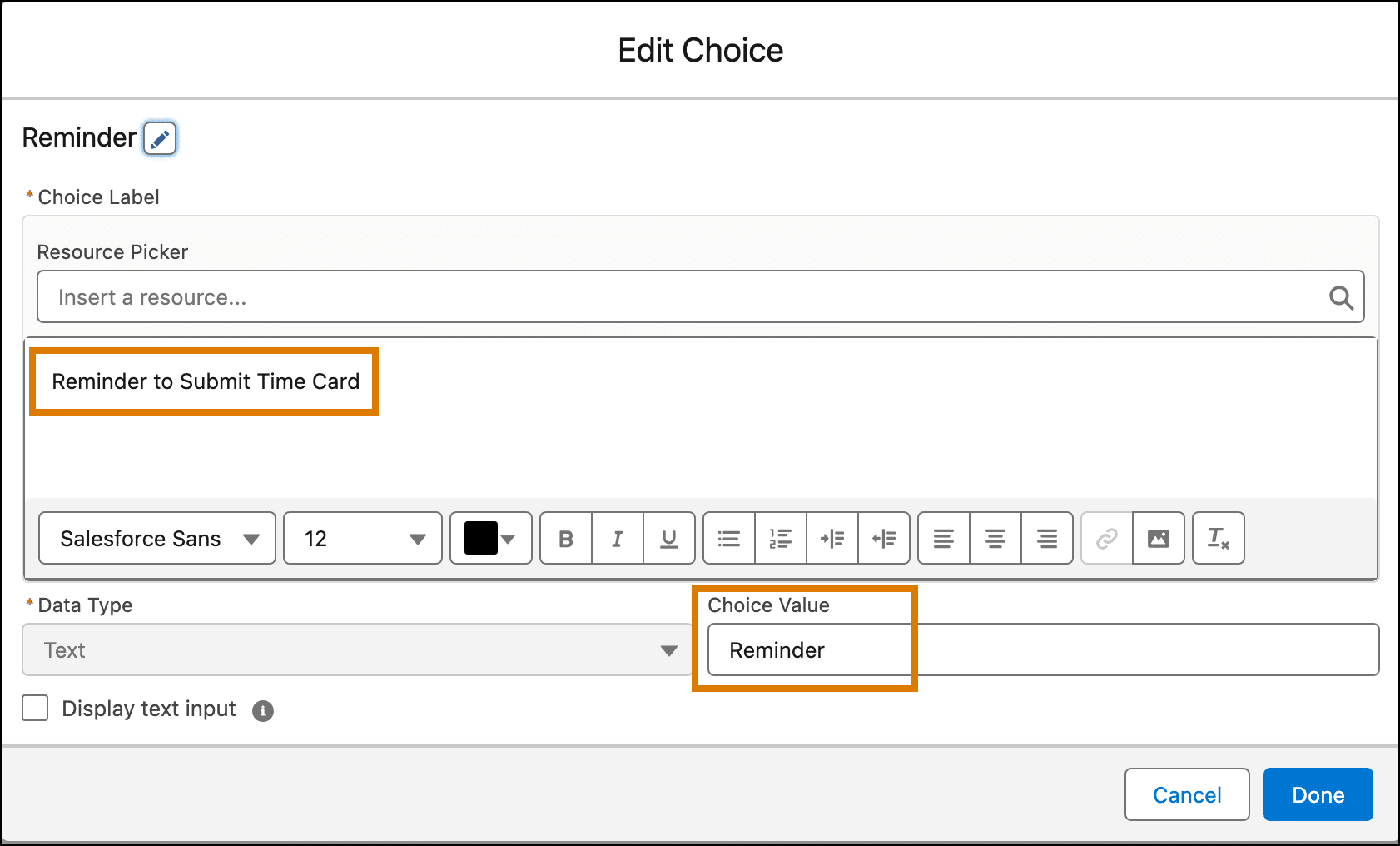 Reminder Choice configuration.