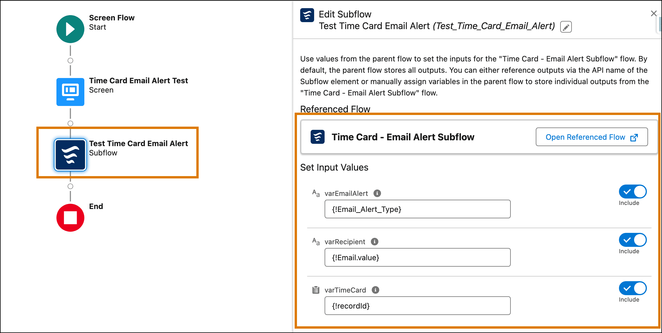 Body of the Test Email Alert screen flow.