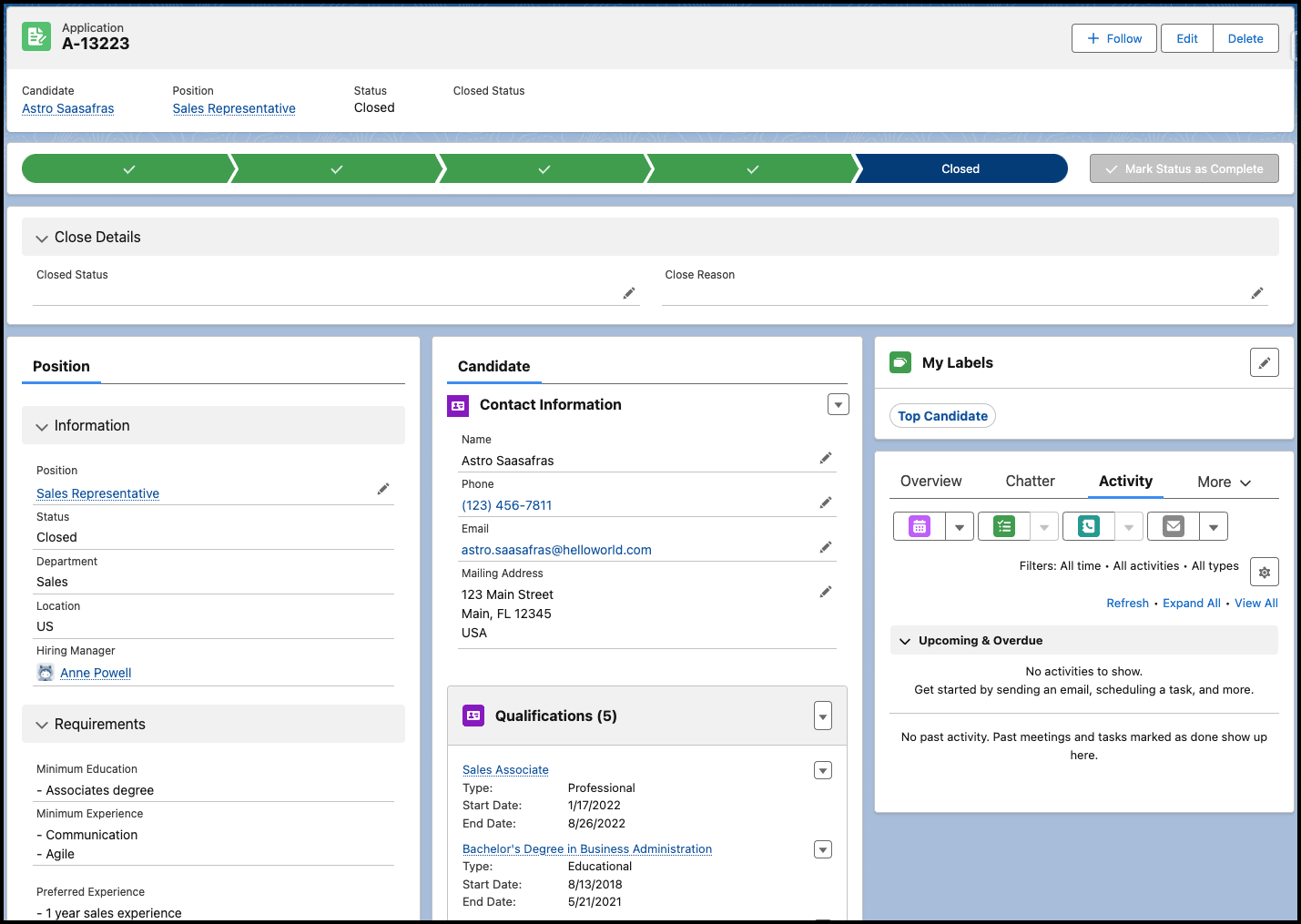 Application Lightning record page.