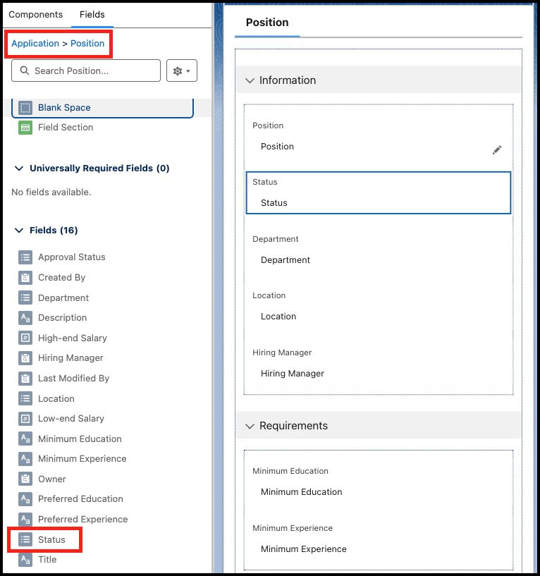 Example of Dynamic Forms using the related object fields, in this case, from the Position custom object.