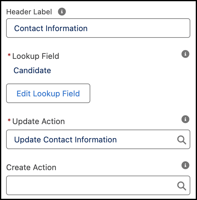 Related Record component configuration with Header Label, Lookup Field, and Update Action filled in.