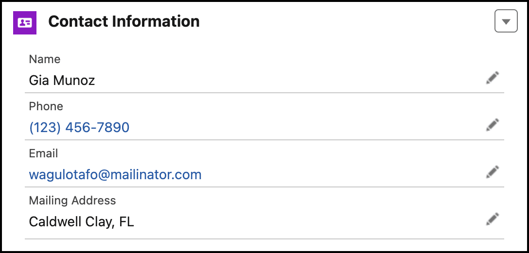 Example of the Related Record component with contact information which is editable.