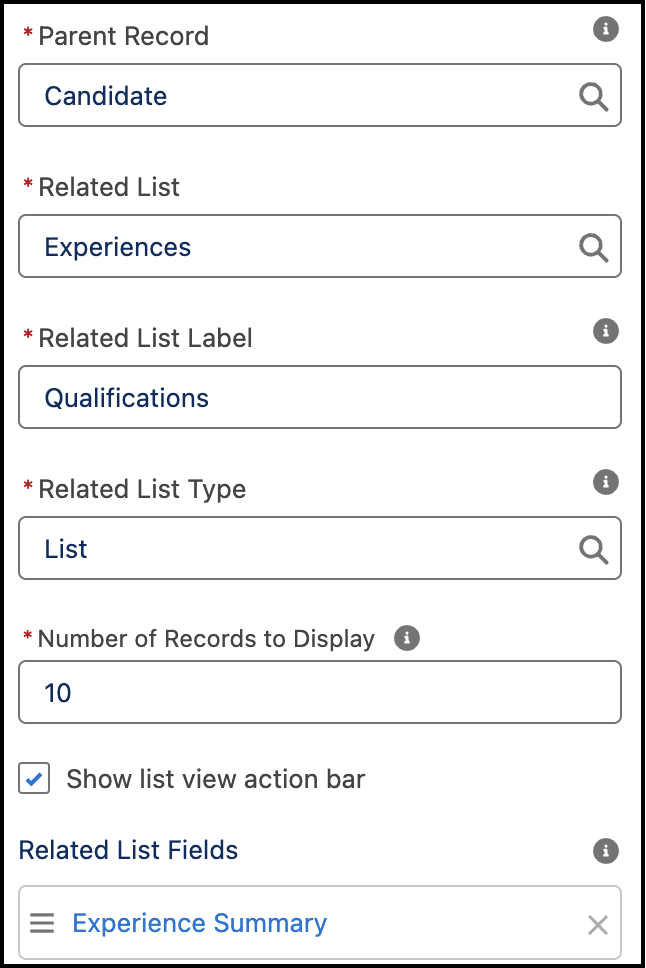 First half of configuration for Dynamic Related List - Single component.