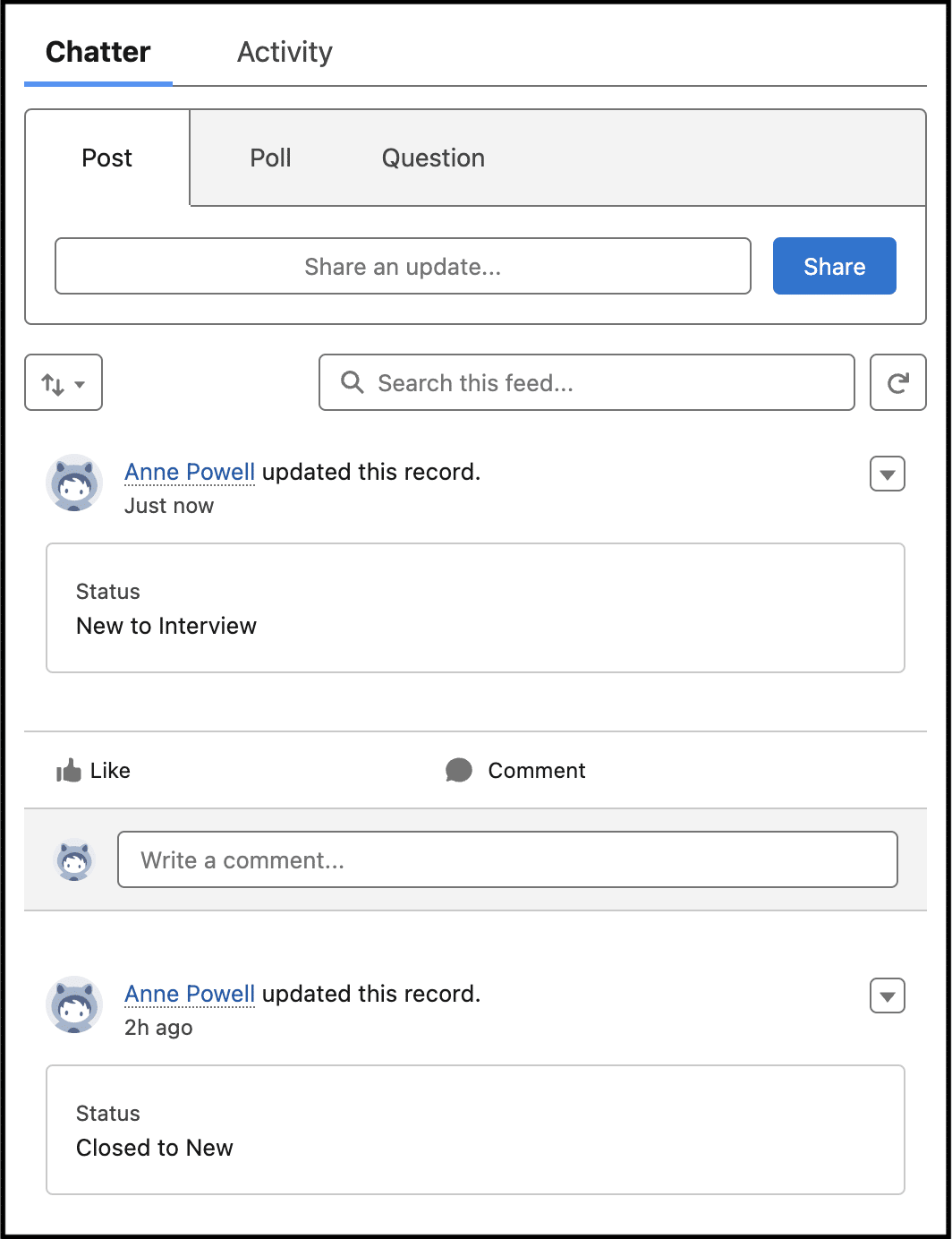 Example of tabs with just Chatter and Activity available.