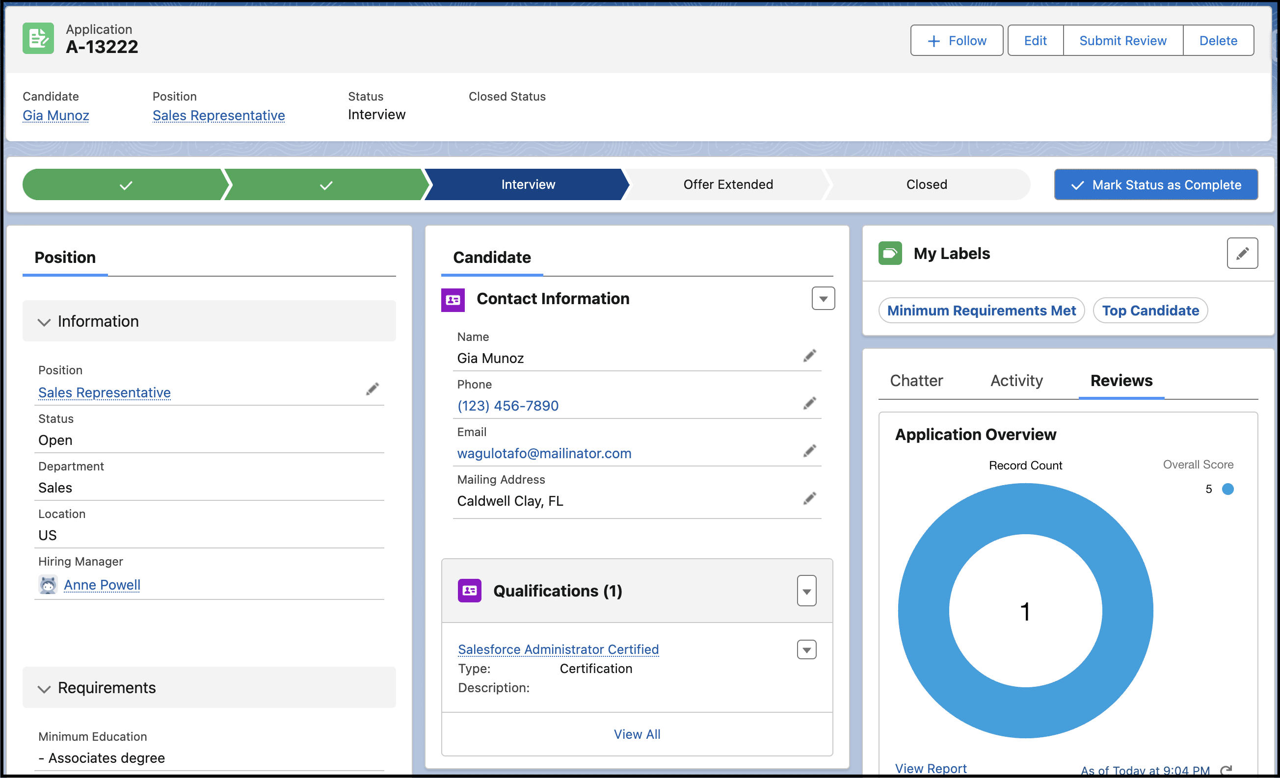 Application Lightning record page UI using the header and three sections template.