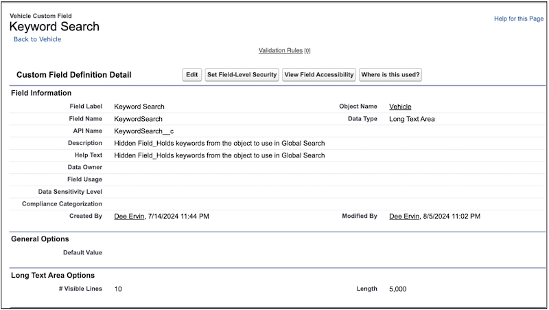 Custom Field Definition Detail page for the Keyword Search long area text field.