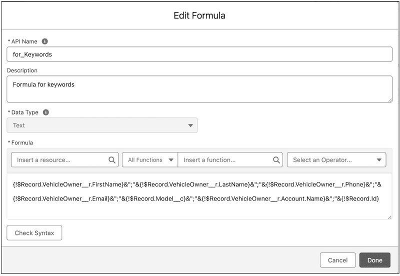 Formula variable with metadata combined and separated by semicolons.