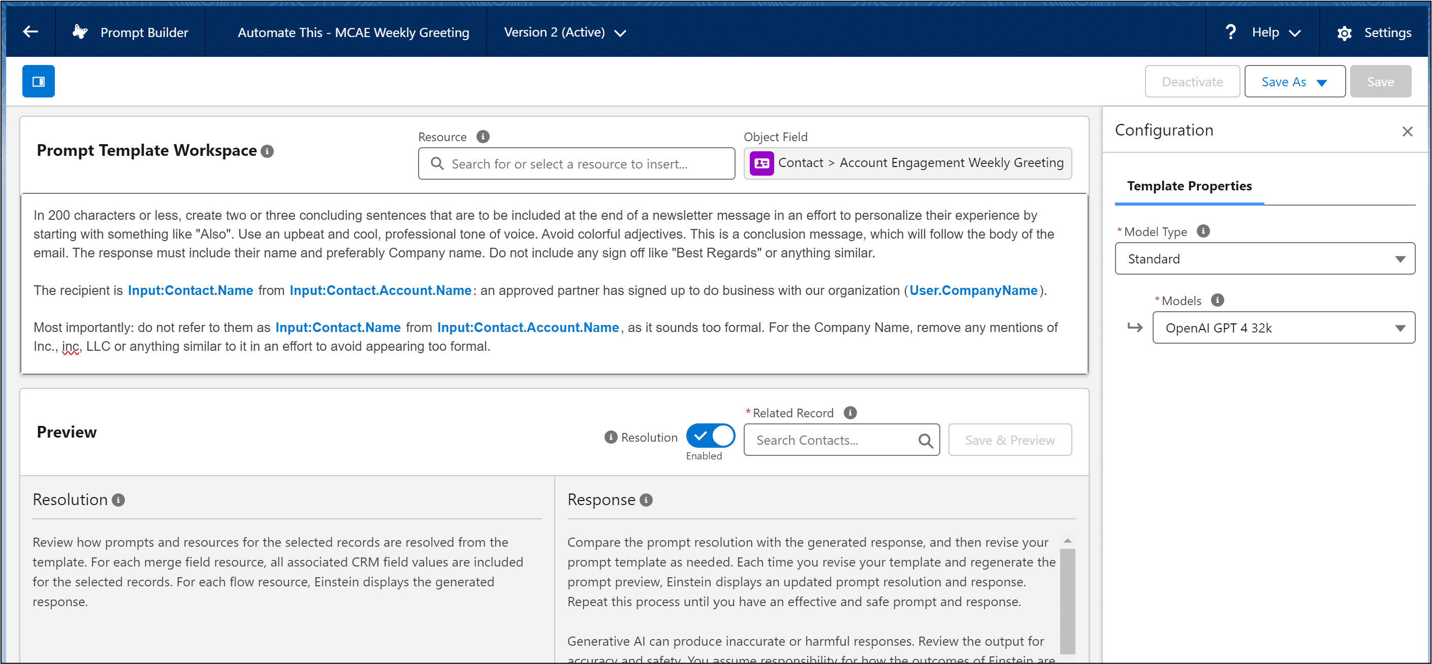 Example Prompt Template Workspace.