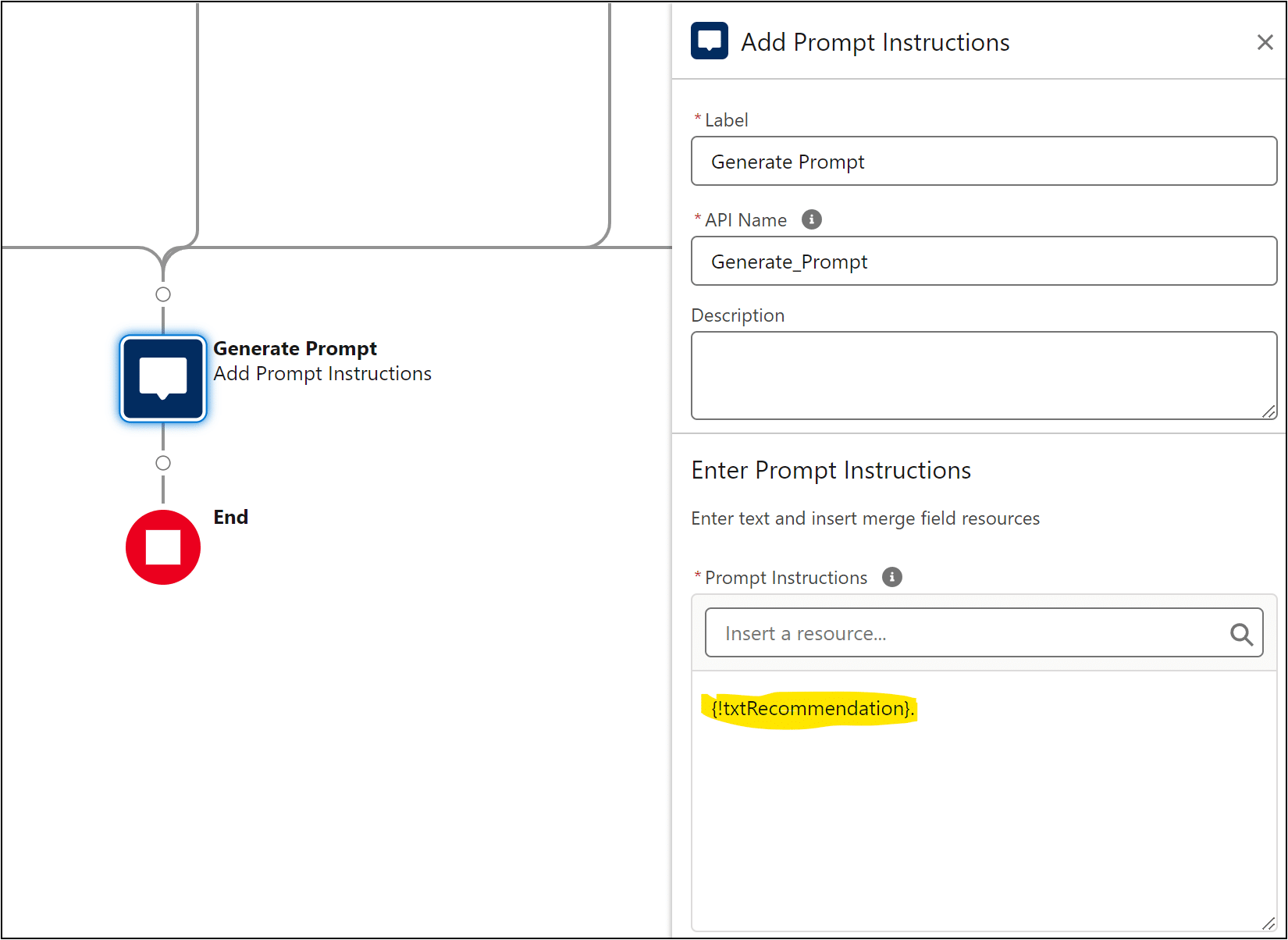 Mapping the final text variable to the Prompt Instructions.