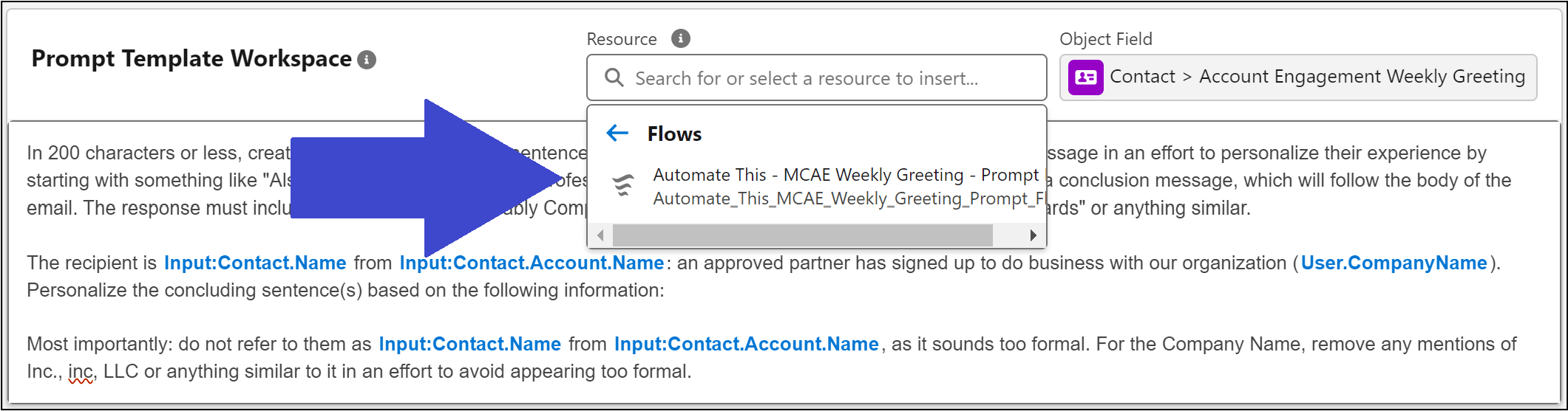 Selecting the template-triggered prompt flow using the Resource lookup.