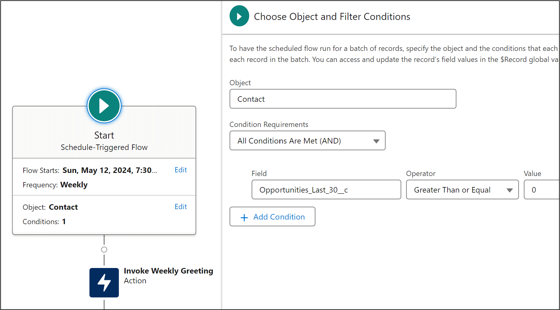 The Start element of a scheduled flow for the Weekly Greeting.