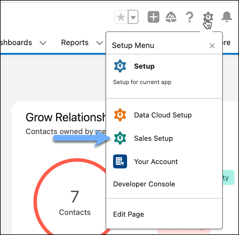 Access Sales Cloud Go via the Sales Setup in the gear menu.