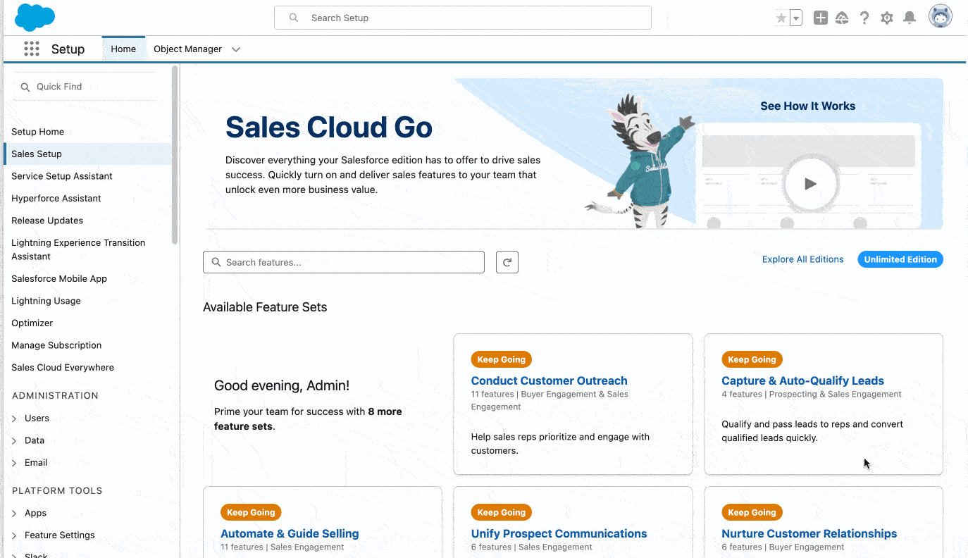 The process of activating a feature using Sales Cloud Go.