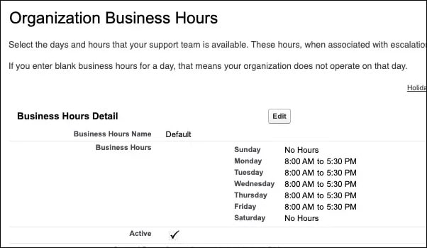 A Salesforce setup page displaying Business Hours chart; Sunday and Saturday closed, Monday-Friday 8:00 AM to 5:30 PM. Options to edit and set active hours.