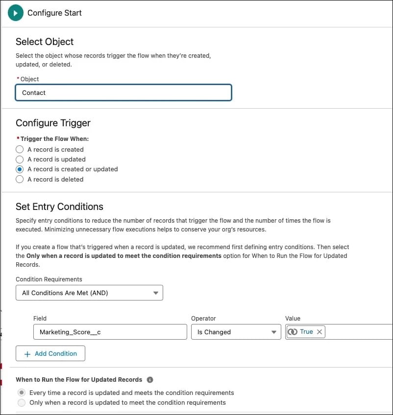 A configuration screen for setting up a flow in Salesforce, showing options to select an object, configure a trigger, and set entry conditions.