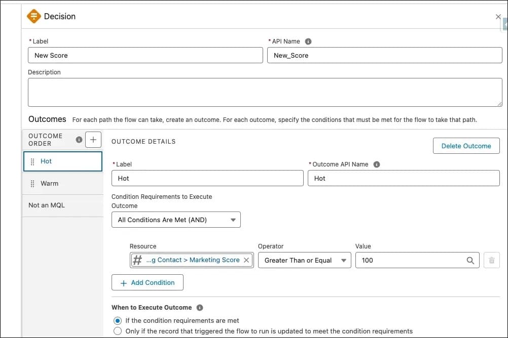 A flow Decision configuration for different outcomes based on marketing score conditions.