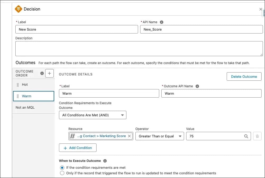 A Decision element configuration interface showing outcome settings for a marketing score, displaying conditions and execution details.