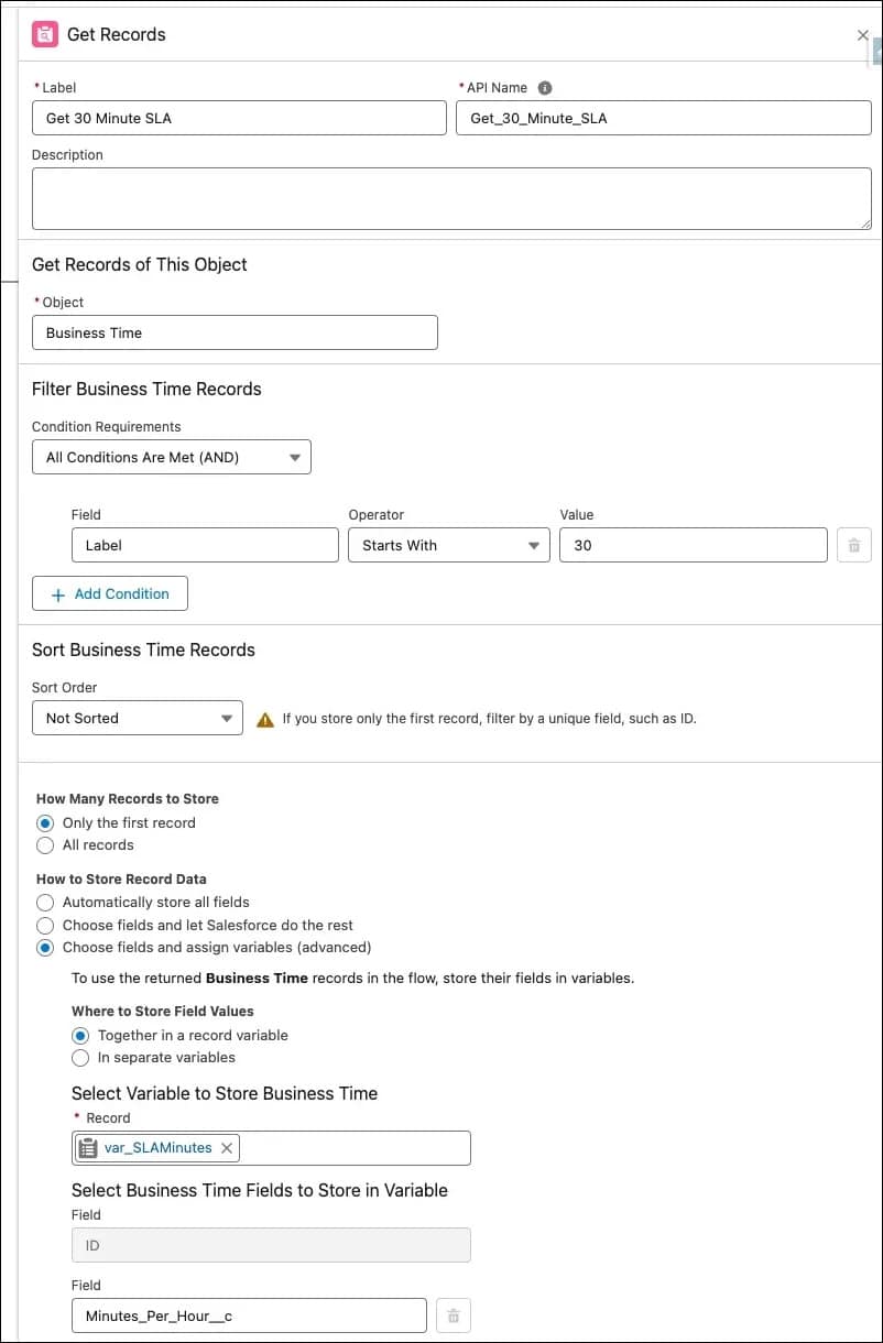 A flow setup showing settings to get records from the Business Time object filtered by the name starting with “30”; variables and options are configured below.