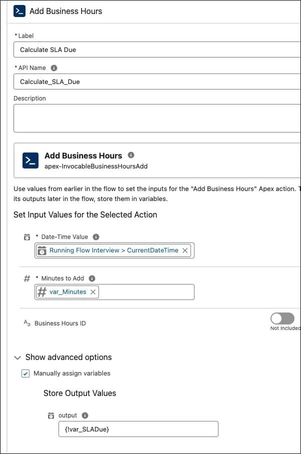 Configuration of the Apex node for adding business hours, showing settings for label, API name, variables, date-time value, and output value options.