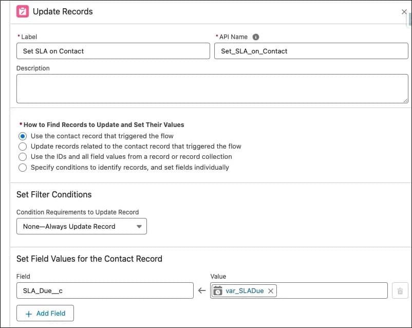 Salesforce Updating Records node with options including setting filter conditions and field values for a contact record; various checkboxes and fields are present for configuration.