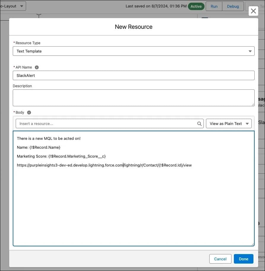 A New Resource form with fields for Resource Type, API Name, and Body.