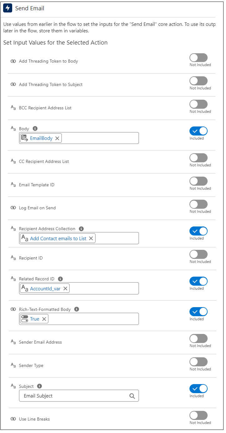 Send Email (Simple) action where you set Subject, Body, Recipient List, and Object Relationship.