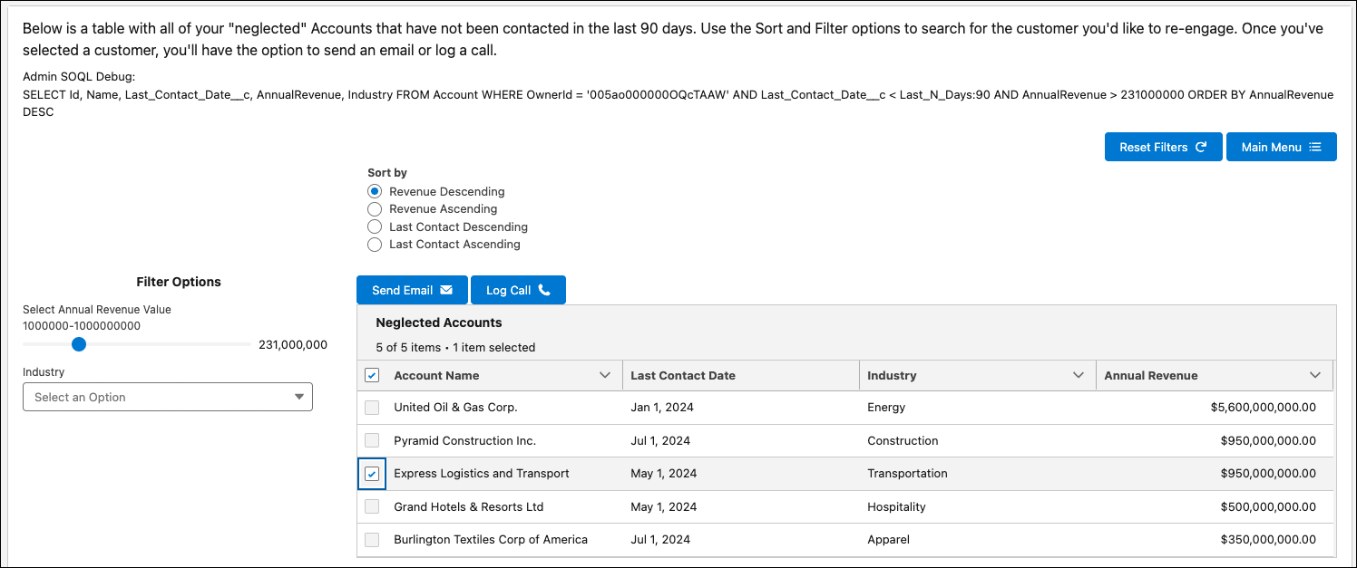 Screen flow with directions, sort and filter options, and table of records.