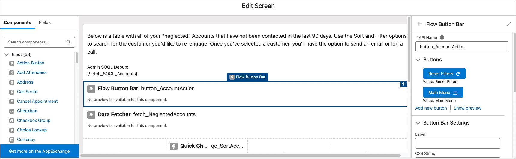 Flow build screen with Flow Button Bar.