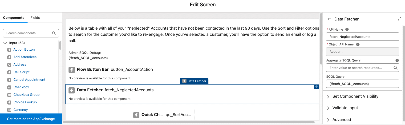 Flow build screen with Data Fetcher component.